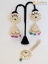 Lushkara Geometric Gold-Toned Jhumka Earrings with Multicolor Bead Accents and Maang Tikka Set