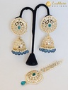 Lushkara Geometric Gold-Toned Jhumka Earrings with Blue Bead Accents and Maang Tikka Set