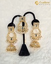 Lushkara Gold-Toned Kundan Jhumka Earrings with Pearl Accents Maang Tikka Set