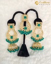 Lushkara Gold-Toned Kundan Jhumka Earrings with Green Bead Accents Maang Tikka Set