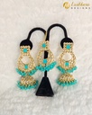 Lushkara Gold-Toned Kundan Jhumka Earrings with Aqua Bead Accents Maang Tikka Set