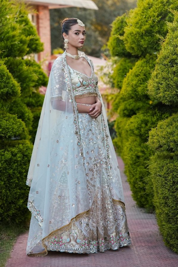 Lushkara Baby Blue Tissue Heavy Sequined Lehenga with Handwork Tassle in Blouse and Dupatta - Image 2