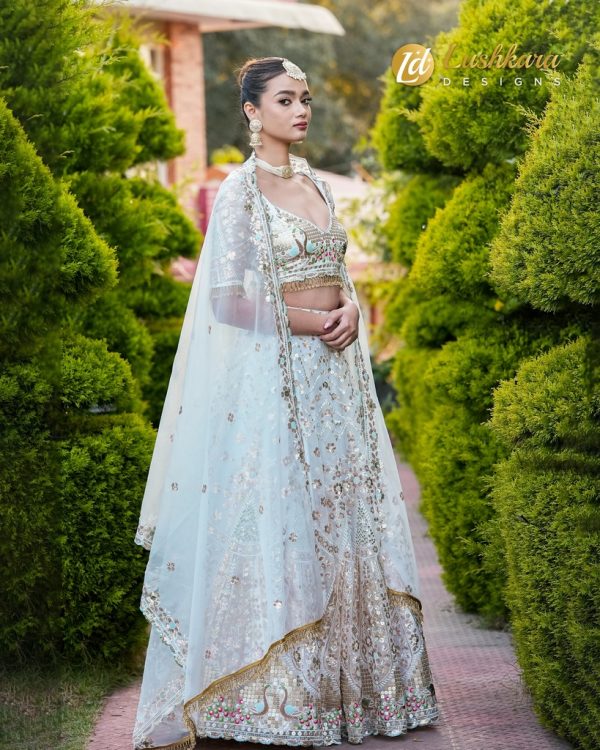 Lushkara Baby Blue Tissue Heavy Sequined Lehenga with Handwork Tassle in Blouse and Dupatta