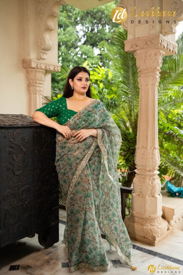 Lushkara Floral Sequine Embroided Organza Saree - Image 2