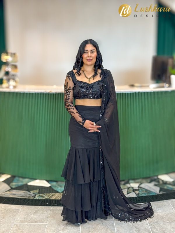 Lushkara Black Embroidered Net Saree - Image 3