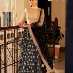 Lushkara Black Floral Raw Silk Lehenga with Wide Neck Beige Blouse - Thread Embroided with Heavy Laces