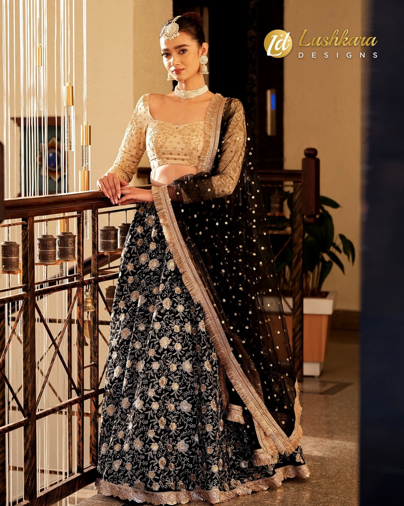 Lushkara Black Floral Raw Silk Lehenga with Wide Neck Beige Blouse – Thread Embroided with Heavy Laces