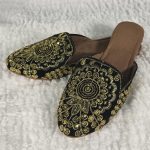 Lushkara Black and Gold Embroidered Slip-On Shoes