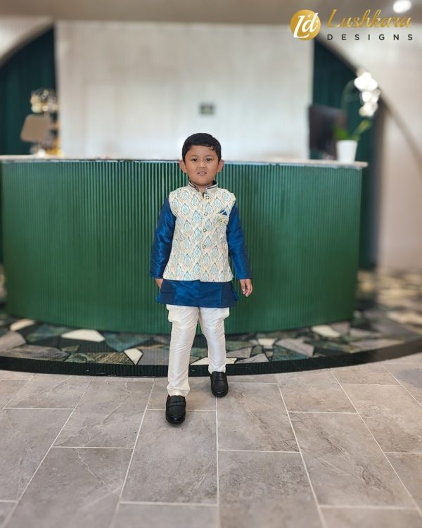 Lushkara Blue and White Kids' Kurta Set