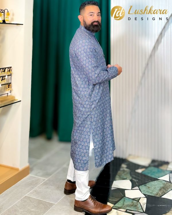 Lushkara Classic Blue Printed Kurta for Men - Image 2