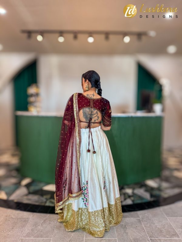 Lushkara Elegant Cream and Maroon Lehenga - Image 3