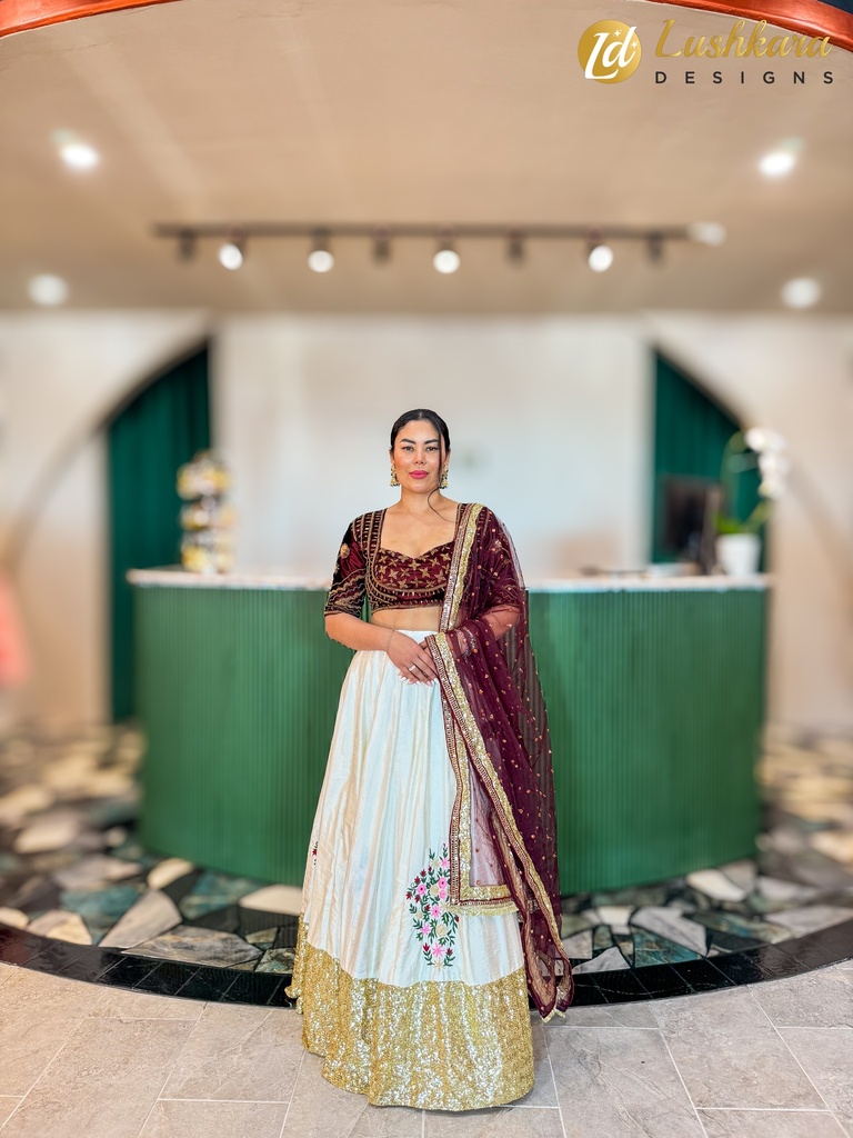 Lushkara Elegant Cream and Maroon Lehenga