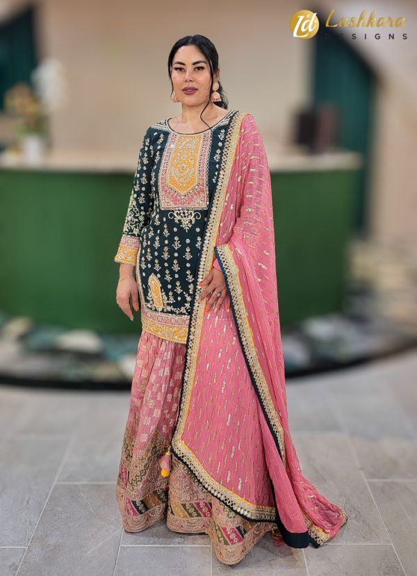 Lushkara Elegant Green and Pink Embroidered Sharara Set