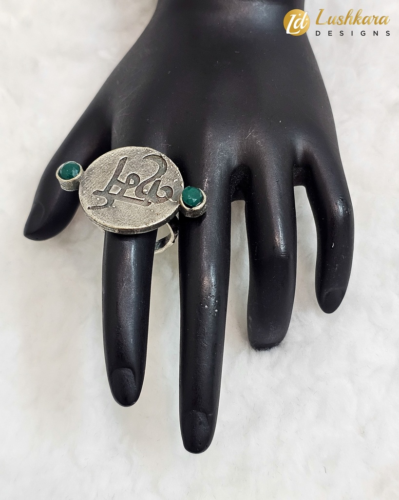 Lushkara Engraved Silver and Green Gemstone Ring