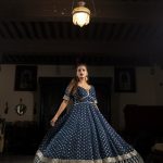 Lushkara Flowy Royal Blue Gown With Gold Border Lace