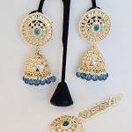 Lushkara Geometric Gold-Toned Jhumka Earrings with Blue Bead Accents and Maang Tikka Set