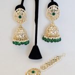 Lushkara Geometric Gold-Toned Jhumka Earrings with Green Bead Accents and Maang Tikka Set