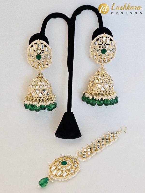 Lushkara Geometric Gold-Toned Jhumka Earrings with Green Bead Accents and Maang Tikka Set