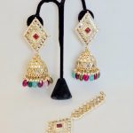 Lushkara Geometric Gold-Toned Jhumka Earrings with Kundan Accents and Multicolor Beads Set