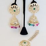 Lushkara Geometric Gold-Toned Jhumka Earrings with Multicolor Bead Accents and Maang Tikka Set