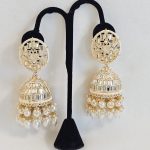 Lushkara Geometric Gold-Toned Jhumka Earrings with White Pearl Accents