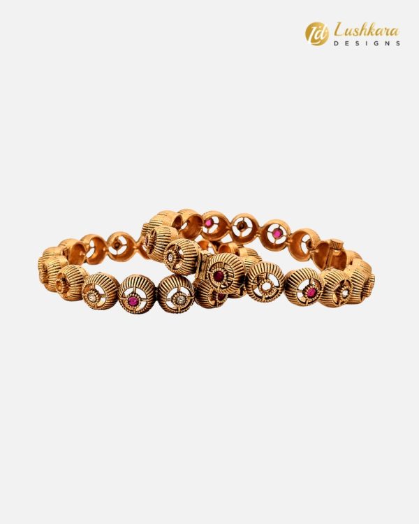 Lushkara Gold Bangle With Gold Circle Red & White Stone - Image 2