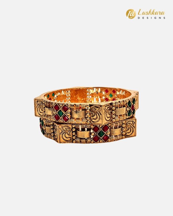 Lushkara Gold Bangle With X Shape Green and Red Stone - Image 3