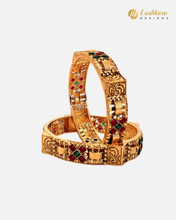 Lushkara Gold Bangle With X Shape Green and Red Stone - Image 2