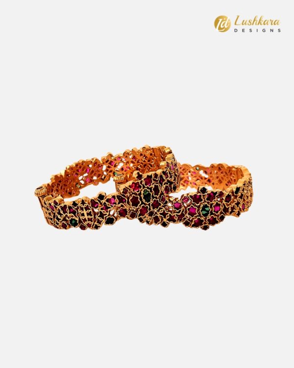 Lushkara Gold Bangles Ruby and Green Triangle Stone - Image 5