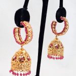 Lushkara Gold-Toned Hoop Jhumka Earrings with Red Bead Accents