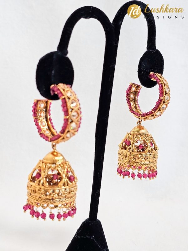 Lushkara Gold-Toned Hoop Jhumka Earrings with Red Bead Accents