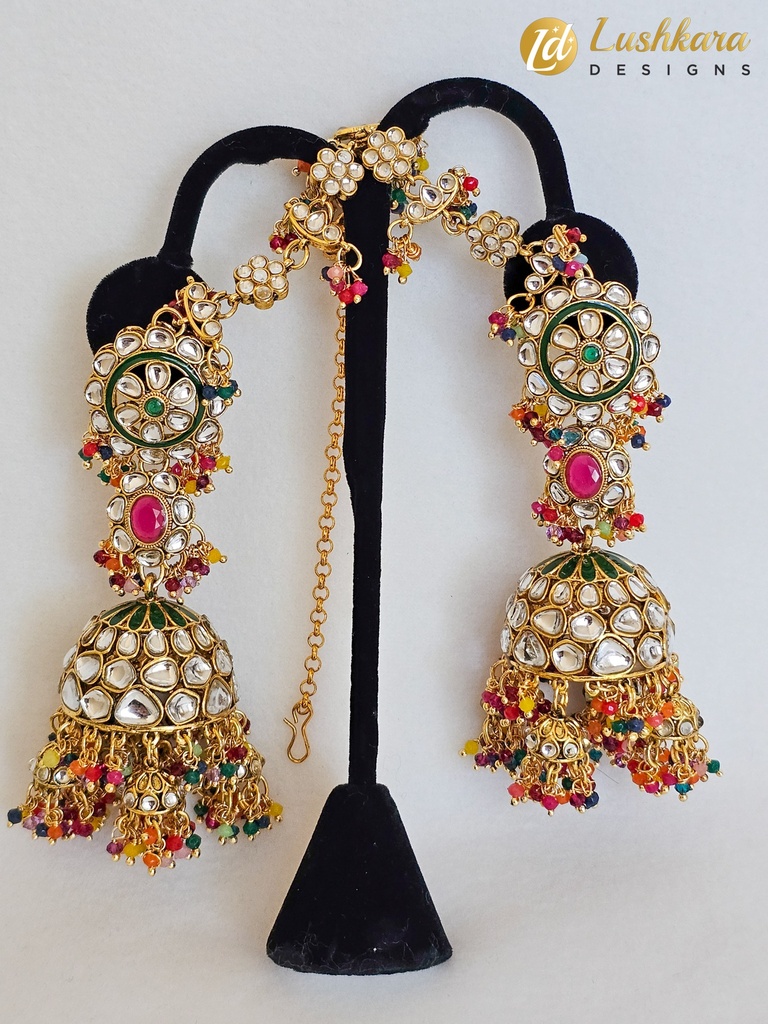 Lushkara Gold-Toned Jhumka Earrings with Kundan Work and Multicolor Beads Set