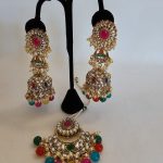 Lushkara Gold-Toned Jhumka Earrings with Vibrant Multicolor Beads and Maang Tikka Set