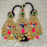 Lushkara Gold-Toned Kundan Earrings with Multicolor Beads and Maang Tikka Set