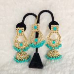 Lushkara Gold-Toned Kundan Jhumka Earrings with Aqua Bead Accents Maang Tikka Set