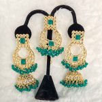 Lushkara Gold-Toned Kundan Jhumka Earrings with Green Bead Accents Maang Tikka Set