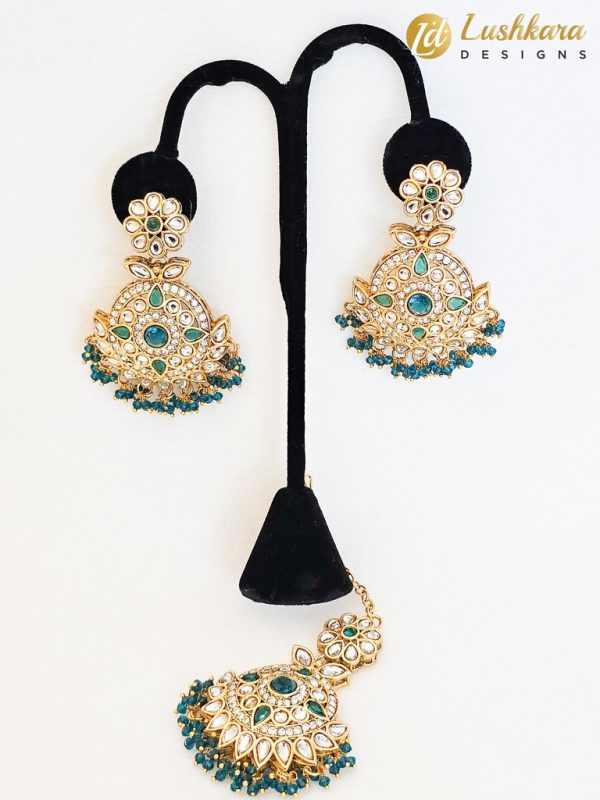 Lushkara Gold-Toned Kundan Jhumka Earrings with Green Bead Accents and Maang Tikka Set