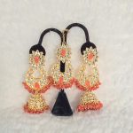 Lushkara Gold-Toned Kundan Jhumka Earrings with Peach Bead Accents Maang Tikka Set