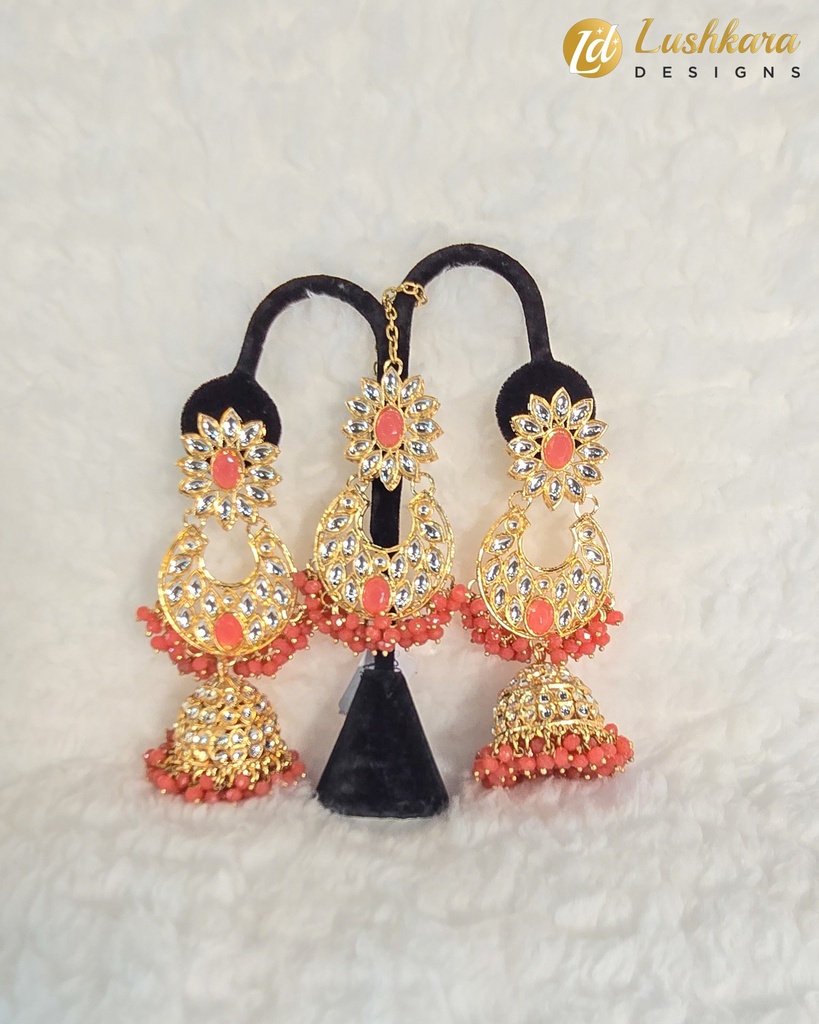 Lushkara Gold-Toned Kundan Jhumka Earrings with Peach Bead Accents Maang Tikka Set