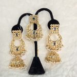 Lushkara Gold-Toned Kundan Jhumka Earrings with Pearl Accents Maang Tikka Set