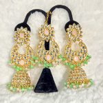 Lushkara Gold-Toned Kundan Jhumka Earrings with Pink and Green Bead Accents Maang Tikka Set