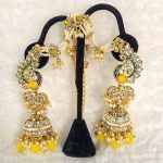 Lushkara Gold-Toned Peacock Kundan Jhumka Earrings with Yellow Bead Accents and Maang Tikka Set