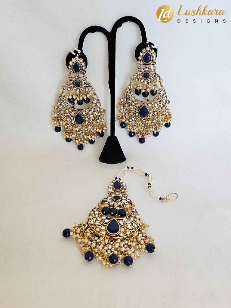 Lushkara Gold-toned Earring Adorned with Blue Stones and Pearls