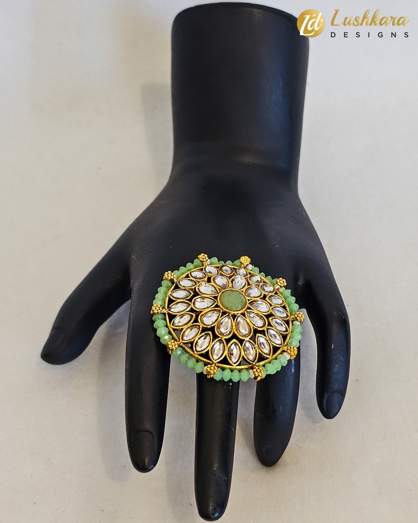 Lushkara Grand Kundan Floral Green Ring