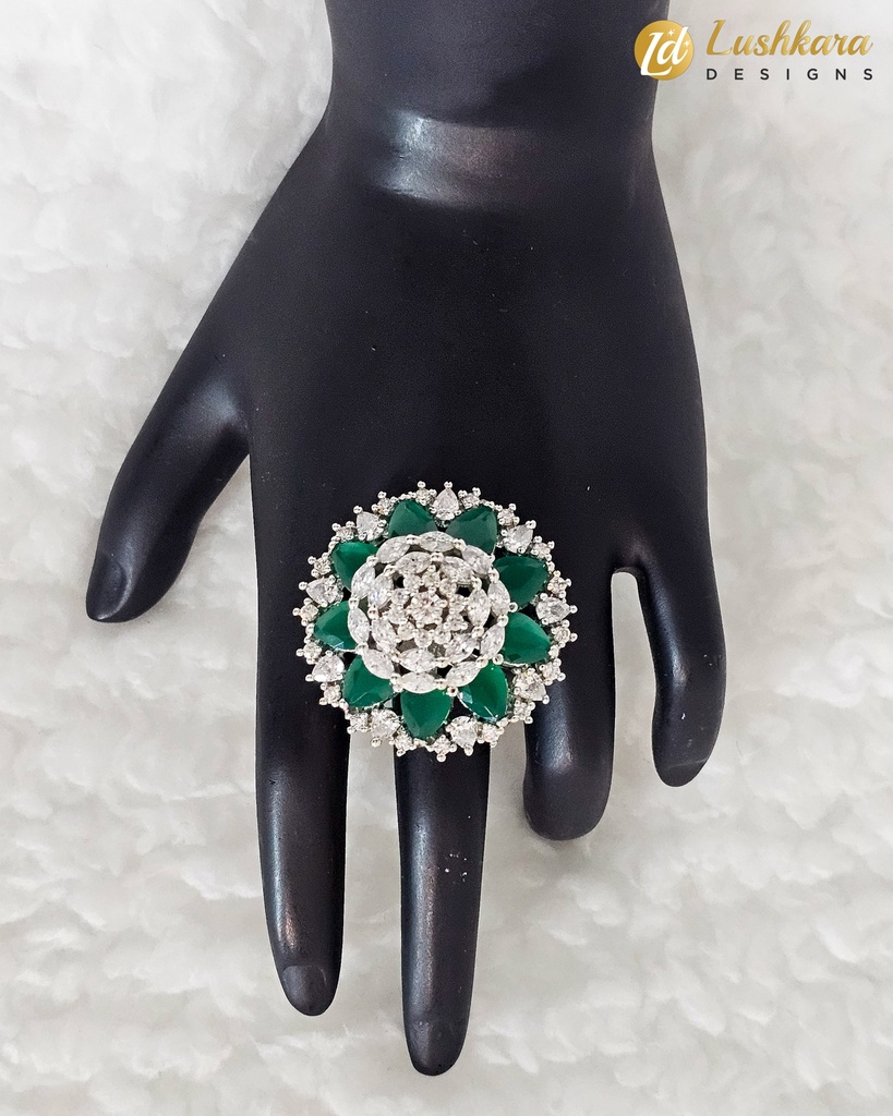 Lushkara Green and Clear Stone Floral Ring