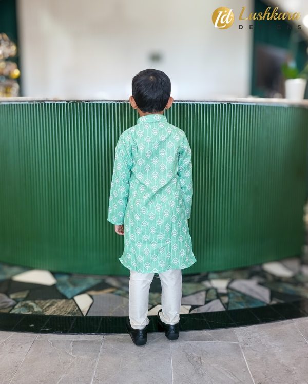 Lushkara Green and White Kids' Kurta Set - Image 2