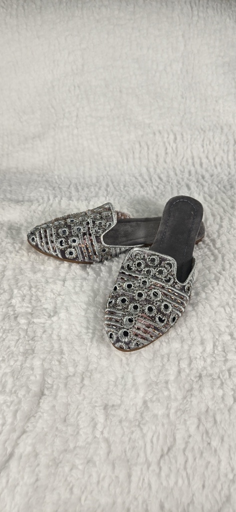 Lushkara Grey and Silver Embroidered Slip-On Shoes