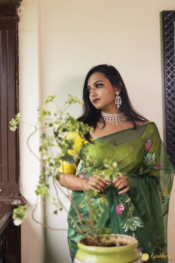 Lushkara Hand Painted Forest Green Organza Saree with Tassels With Sweetheart Neck Blouse - Image 2