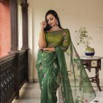 Lushkara Hand Painted Forest Green Organza Saree with Tassels With Sweetheart Neck Blouse