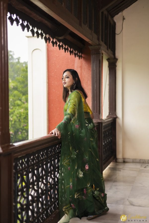 Lushkara Hand Painted Forest Green Organza Saree with Tassels With Sweetheart Neck Blouse - Image 3